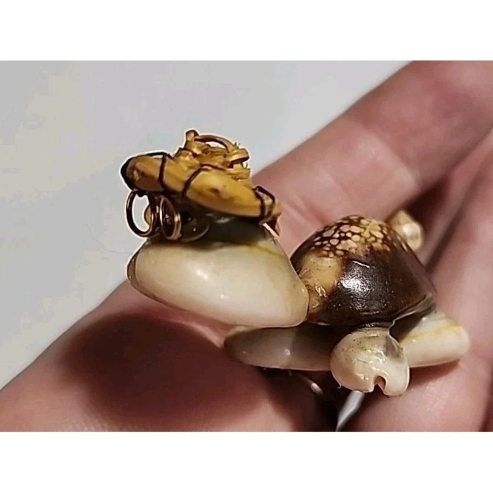 Vintage Cowry Sea Shell Turtle Tortoise Mini Figurine with Glasses and Hat Decor